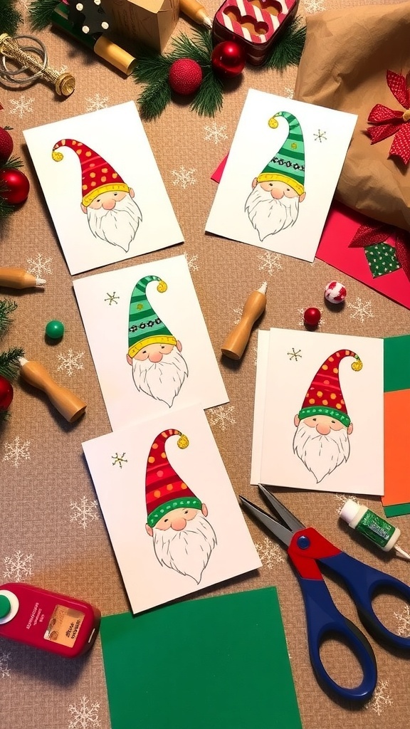 Handmade gnome-themed Christmas cards with colorful designs on a festive table.